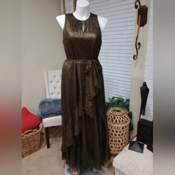 Gold Bronze Metallic Tiered Ruffle Hem Dress Size 16 Shawl Included NWOT - Picture 5 of 14